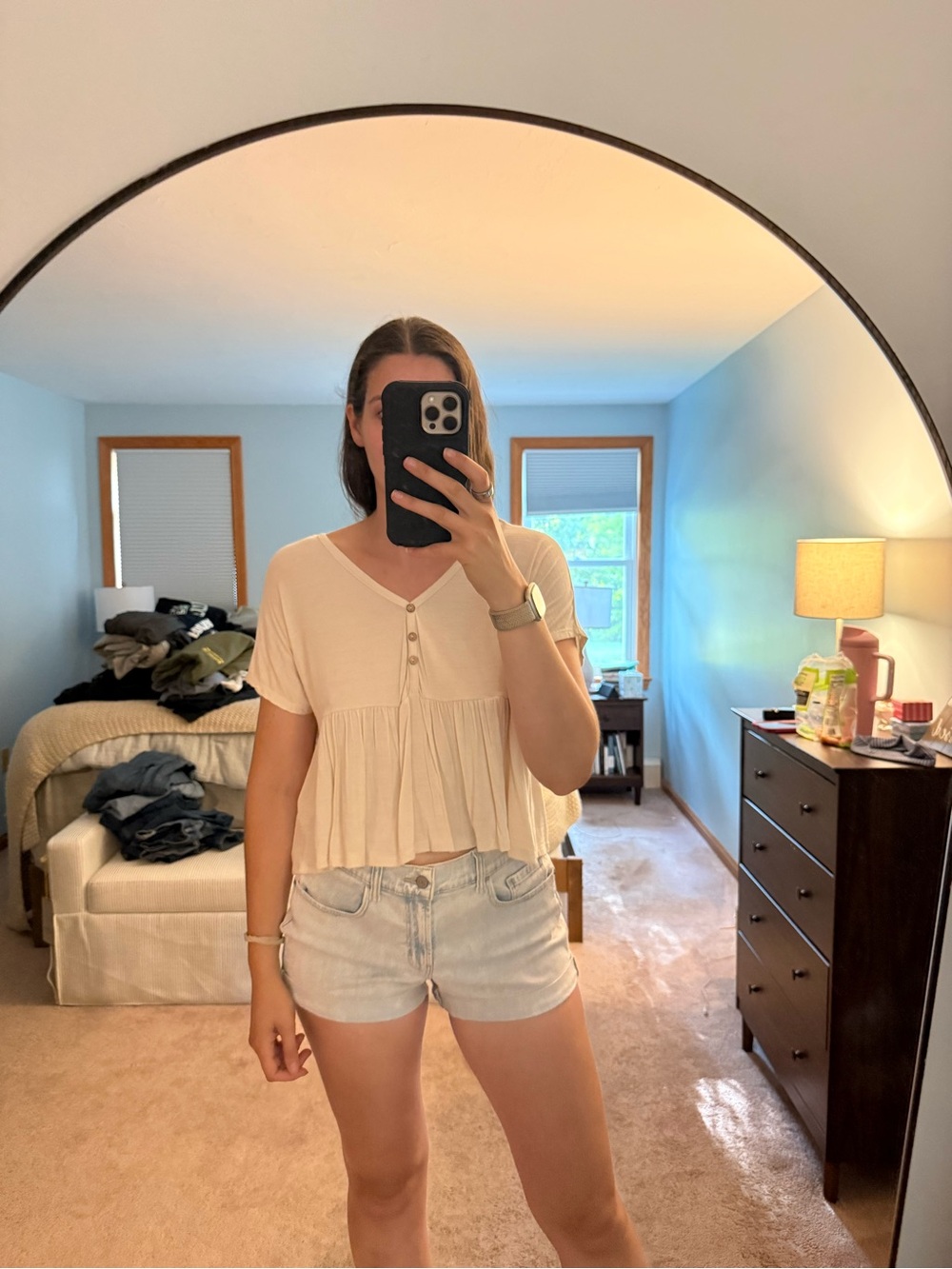 Pleated Cream Short-Sleeve V-Neck Peplum Top